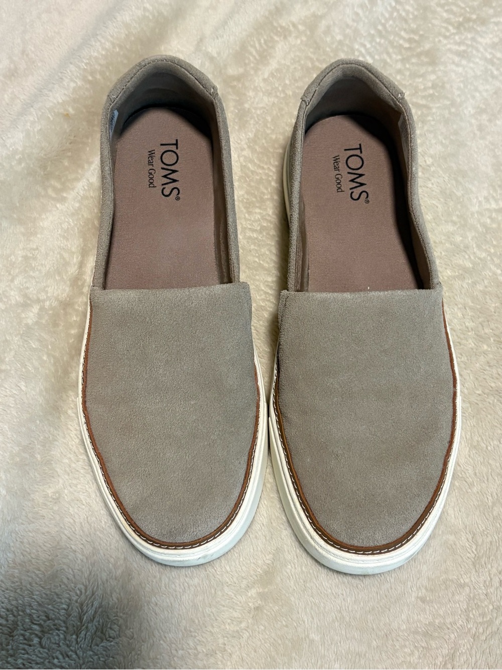 TOMS Men's Taupe Suede Slip-On Loafers with White Sole